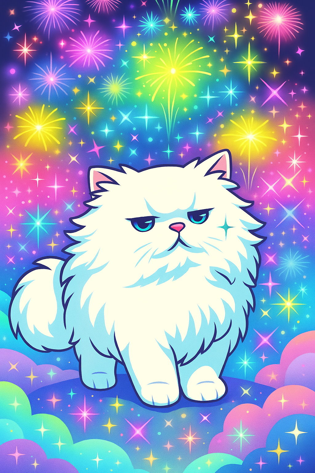 Francis in a magical cosmic wonderland with rainbow sparkles